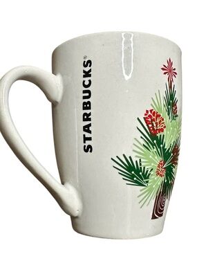 Starbucks 2011 Holiday Christmas Ceramic Mug with Green Brown Pine Motif 16 Oz